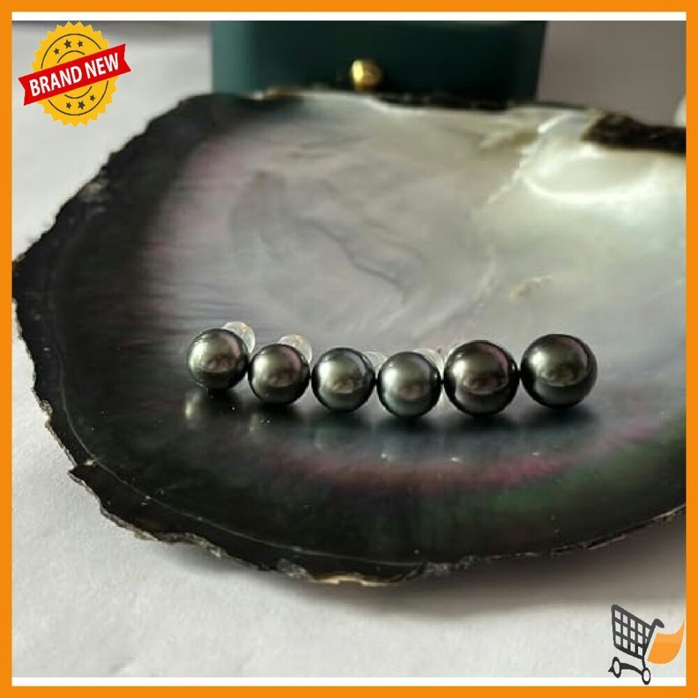 18K Gold Tahitian Black Pearl Stud Earrings 8-11MM AAA Quality - Picture 6 of 7